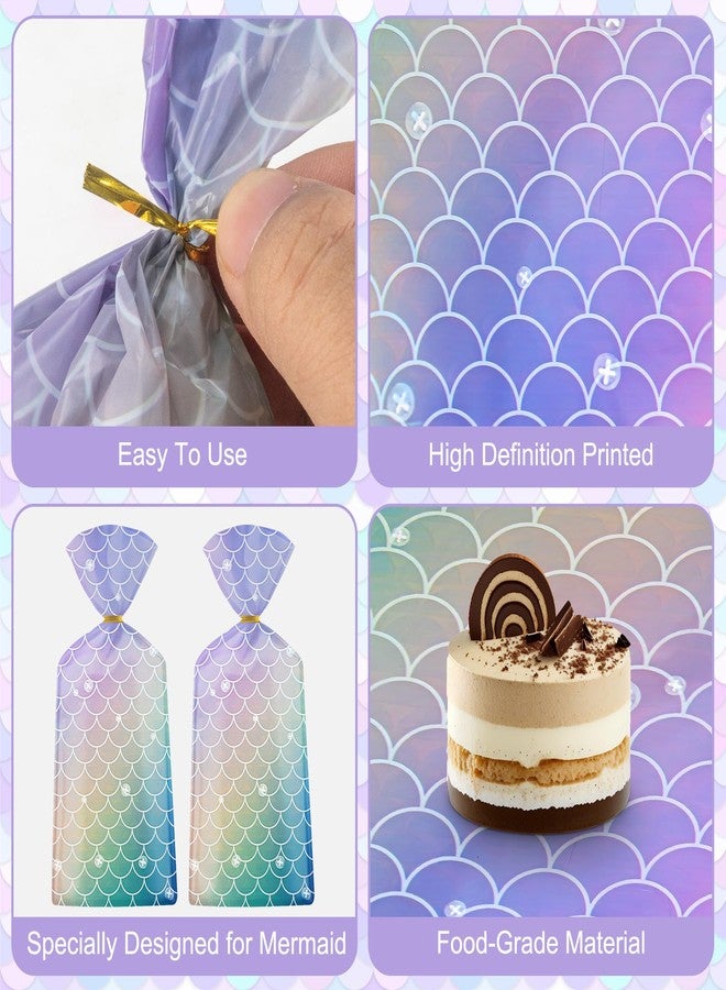 Litmitfu 50 Pack Mermaid Goodie Bags - Ocean Mermaids Party Favor Bags, Little Mermaid Cello Cellophane Gift Candy Treat Bag with 50Pcs Twist Ties for Kids Girls Mermaids Themed Birthday Party Supplies Favors - Image 5